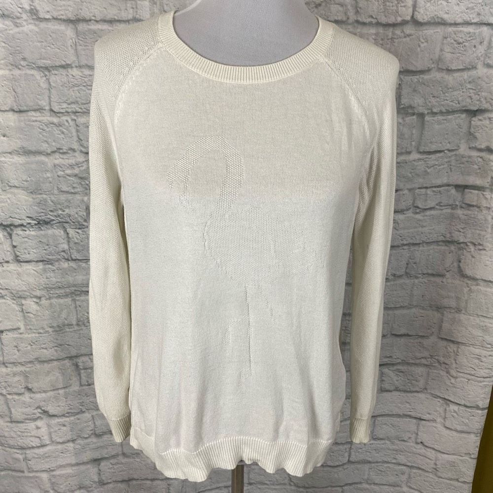 Merona women L scoopneck Longsleeve flamingo imprint lightweight sweater white